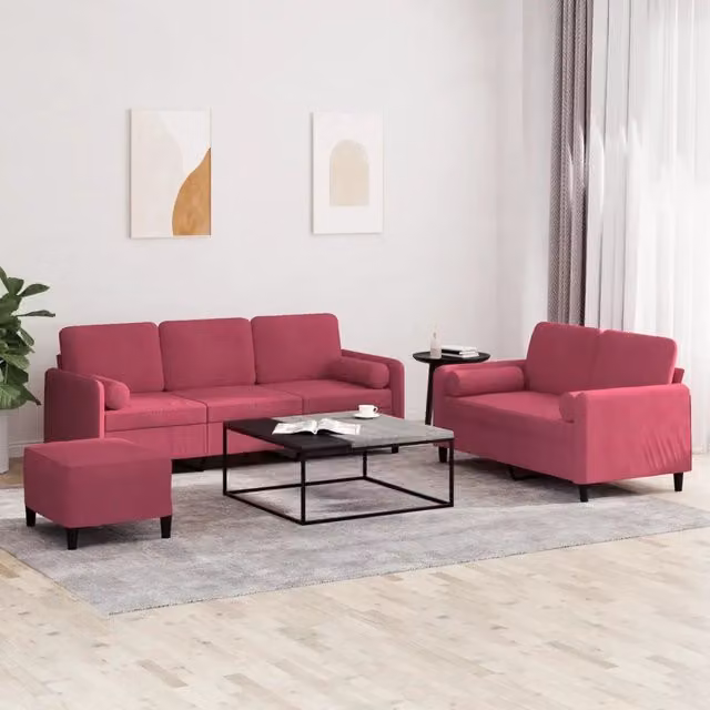 Set di divani vidaXL in velluto rosso composto da divano a 3 posti, divano a 2 posti e pouf con cuscini inclusi – 1