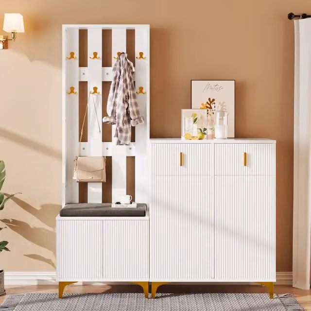 Set Ingresso con Scarpiera, Panca con Cuscino, Appendiabiti e Cassetti ¨C MINIMAL ¨C Bianco