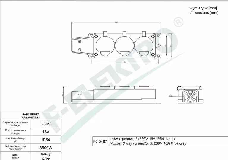 F-Elektro, barra di connessione in gomma con 3 prese da 230V, 16A, grado di protezione IP54, colore grigio