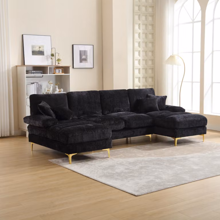 Divano letto STILVORA con gambe in metallo, divano angolare modulare per soggiorno, camera da letto e ufficio, imbottito con doppia panca, colore nero