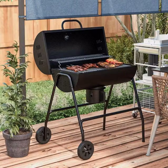 Barbecue a carbone ULEVR 95x71,5x102 cm con coperchio, termometro, griglia scaldavivande e ruote, nero
