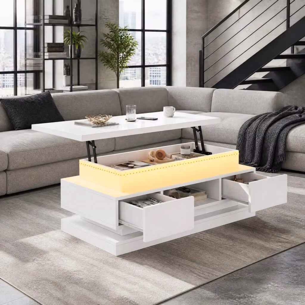 Tavolino da salotto REDOM moderno bianco lucido con meccanismo alzabile e design rettangolare – 2