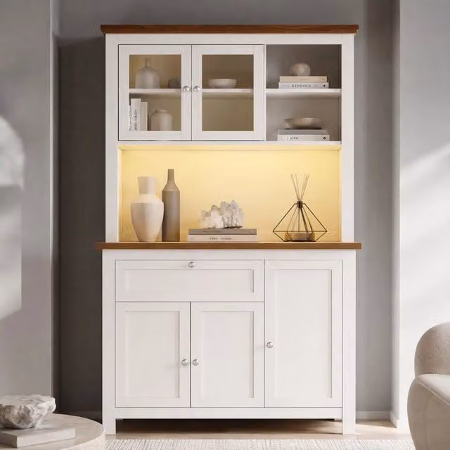 Vetrina Mivray con ante scorrevoli in vetro e illuminazione LED controllabile tramite app, tre ripiani regolabili in MDF bianco, L/P/H: 104 x 40 x 180 cm