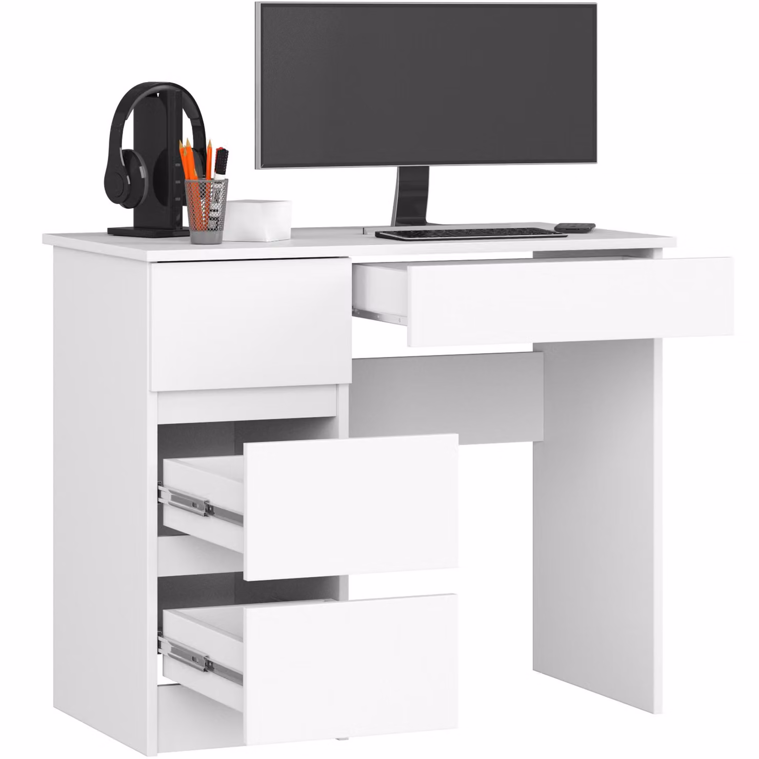 Scrivania da 90 cm con 4 cassetti, scrivania per computer, scrivania da lavoro per ufficio e bambini