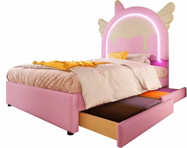 Letto Singolo per Bambini a Forma di Unicorno con 2 Cassetti e Barra Luminosa, Colore Rosa, L/P/H: 90 x 200 x 105 cm