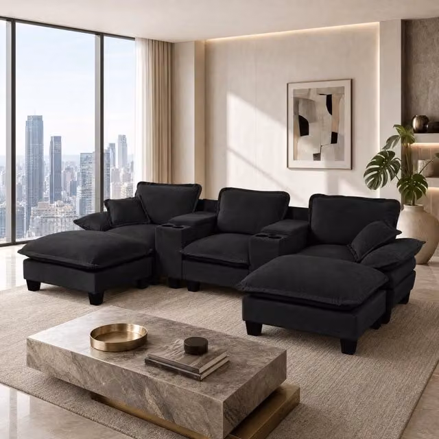 Divano angolare modulare a U OKWISH in tessuto nero con porta USB, porta bicchieri, contenitore, 2 pouf e cuscini, L: 323 cm, P: 151 cm, H: 90 cm