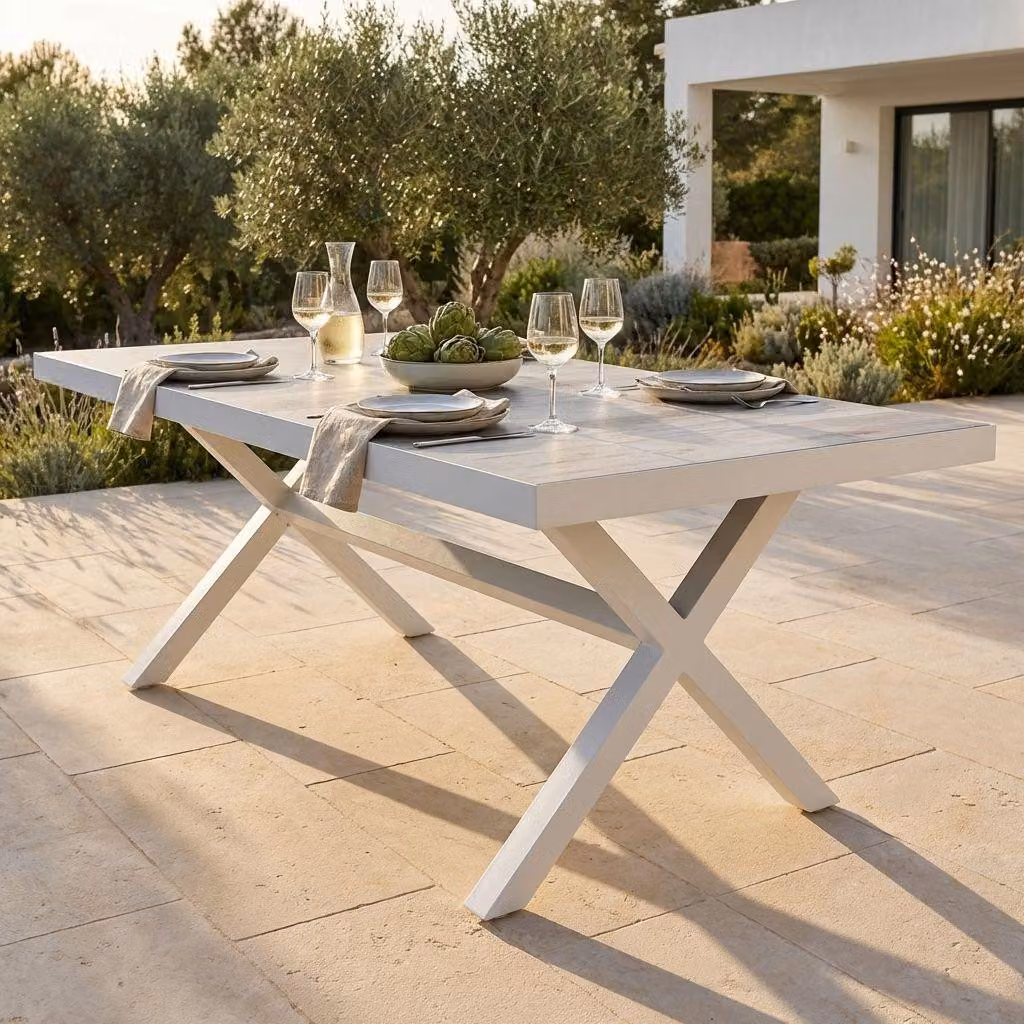 Milani Home - tavolo da giardino allungabile, alluminio e gres e Vetroceramica, piano in gres, 8 posti, bianco, piano 200 x 100 cm