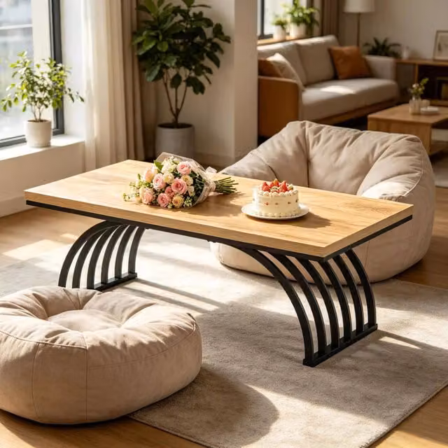 Tavolino da caffè 120 cm con piano in legno e struttura in metallo nero