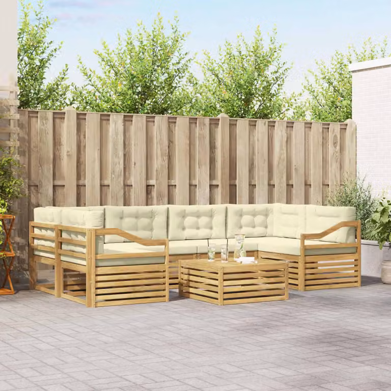 Set di divani da esterno vidaXL 7 pezzi in legno di acacia con cuscini, colore bianco, beige e marrone