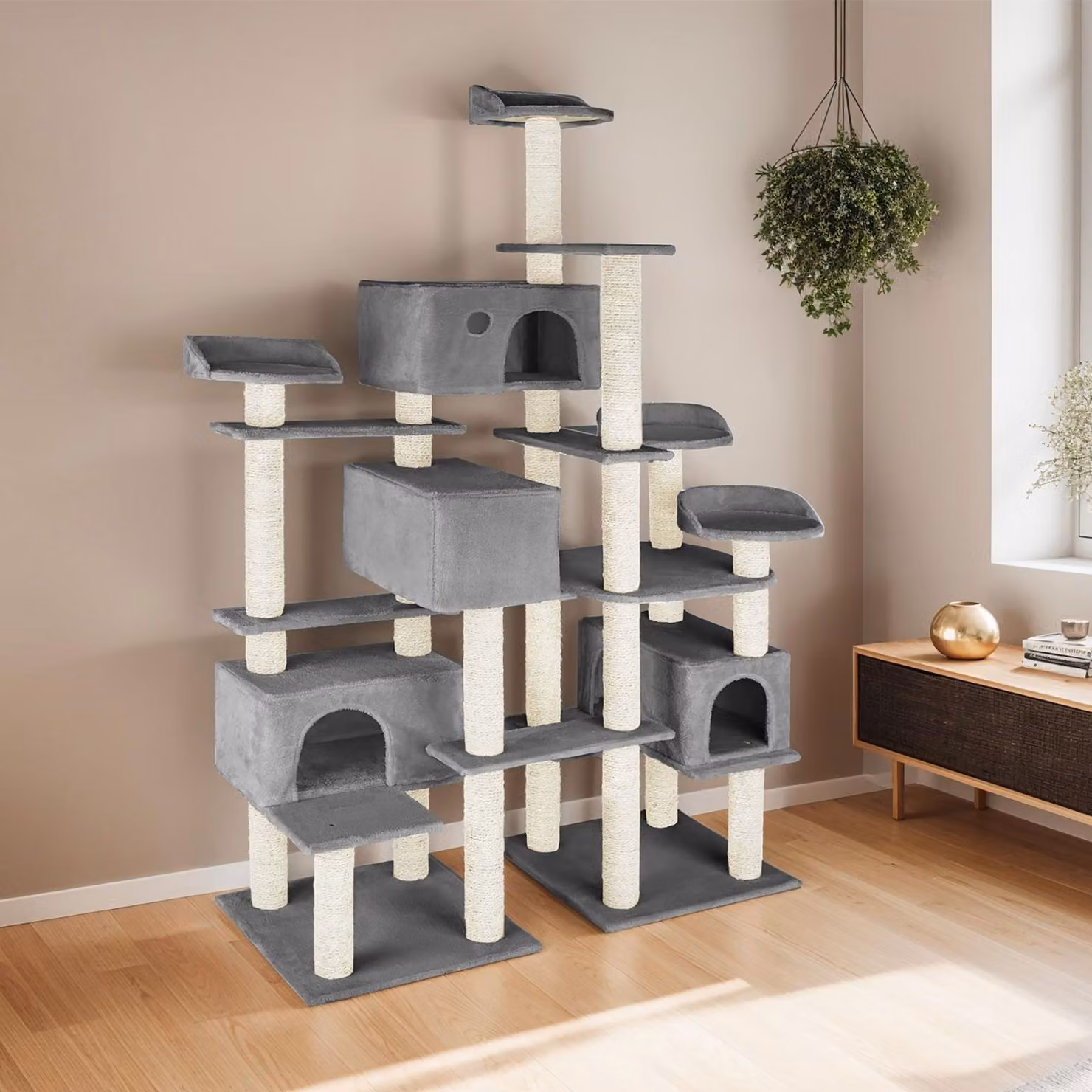 Albero tiragraffi per gatti TecTake GmbH grigio con corda in sisal e cucce – 2