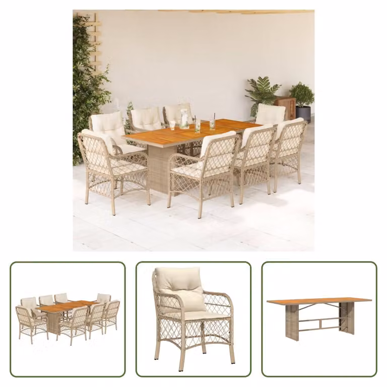 The Living Store Set da pranzo da giardino 9 pezzi con cuscini Beige poly rattan