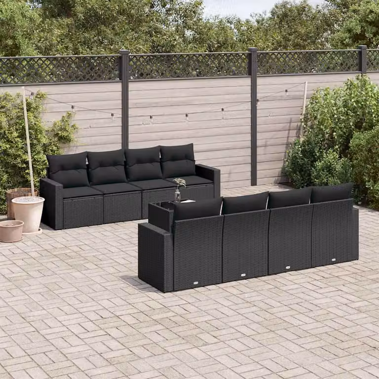 vidaXL Set Divani da Giardino a L 9 pz in Polyrattan Nero con Cuscini e Tavolino da Esterno