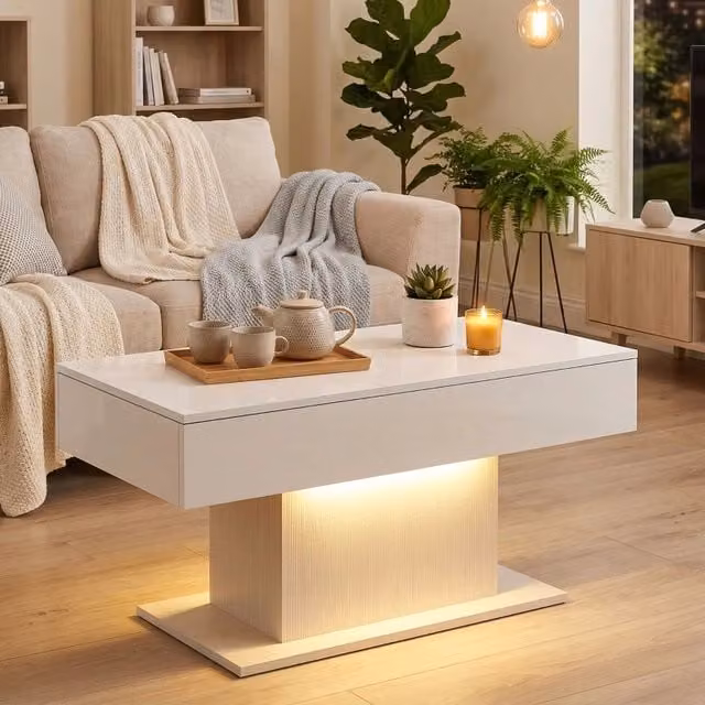 Tavolino basso fisso con LED RGB a 7 colori e 2 cassetti senza maniglie in legno ingegnerizzato bianco lucido