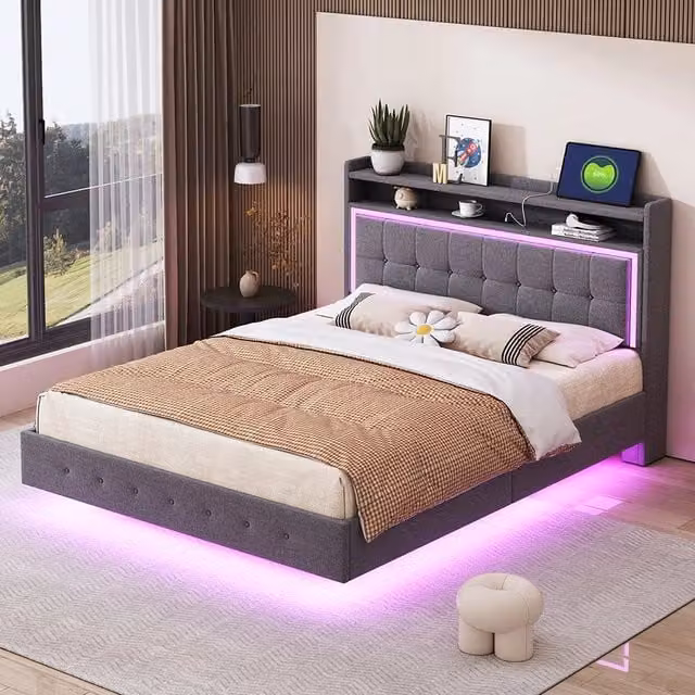 Lit adulto 140x200 cm Doppio - Xylo - USB LED Piede nascosto Lino Grigio