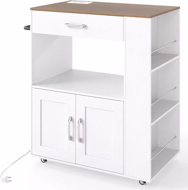 Carrello da cucina mobile 75 x 46 x 90,5 cm con contenitore integrato e stazione di ricarica in legno lavorato bianco 20_0019178