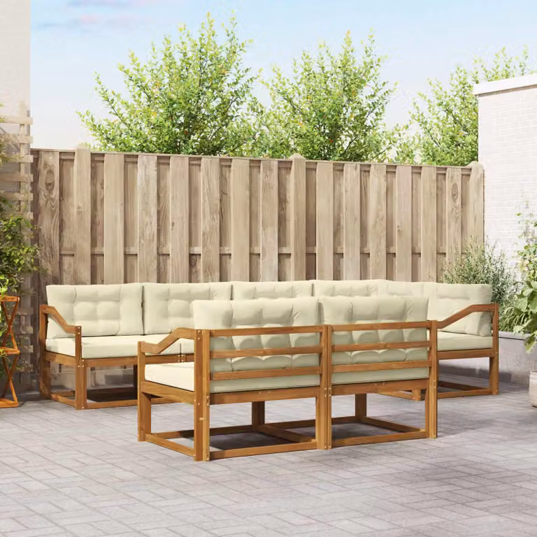 Set di divani da esterno vidaXL a forma di U composto da 8 pezzi in legno di acacia con cuscini in tessuto beige e marrone