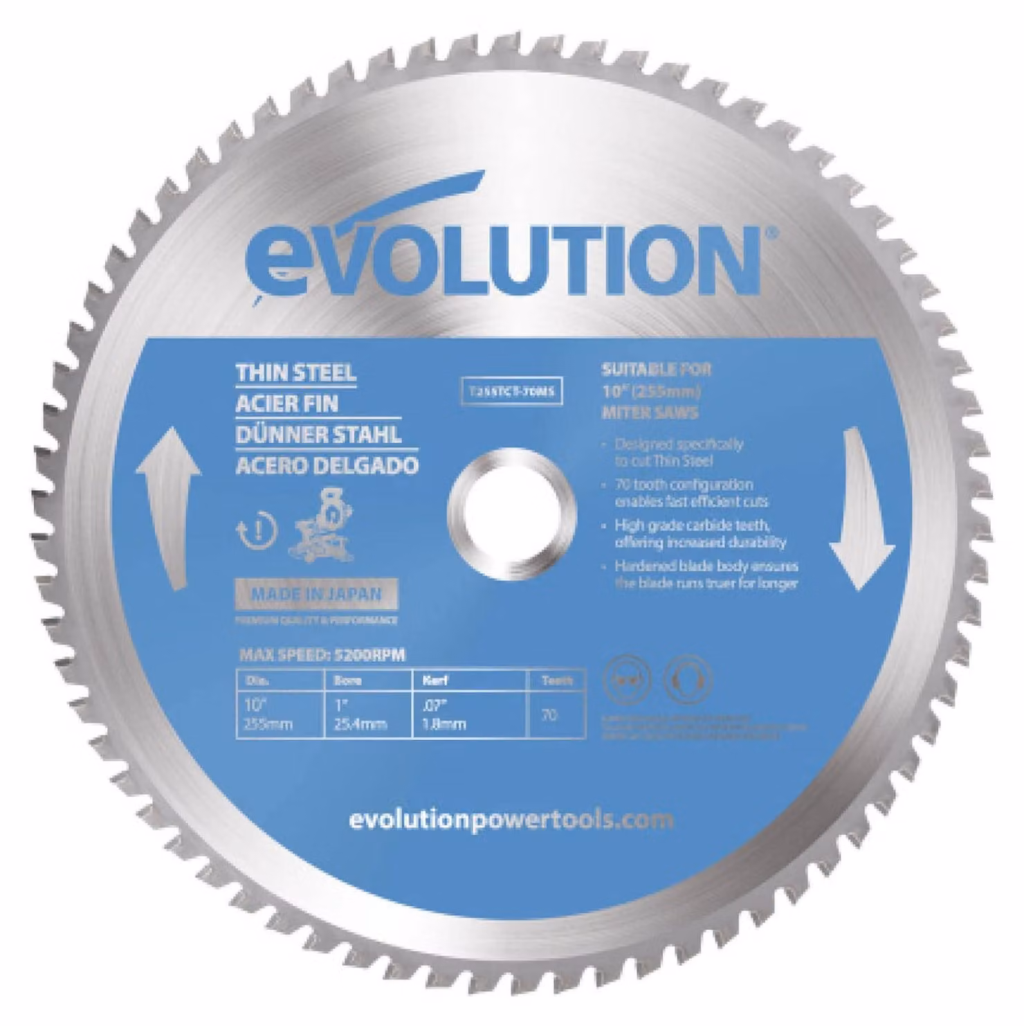 Lama da sega angolare Evolution Power Tools T255TCT-70MS da 255 mm (nota anche come lama da sega in metallo duro)
