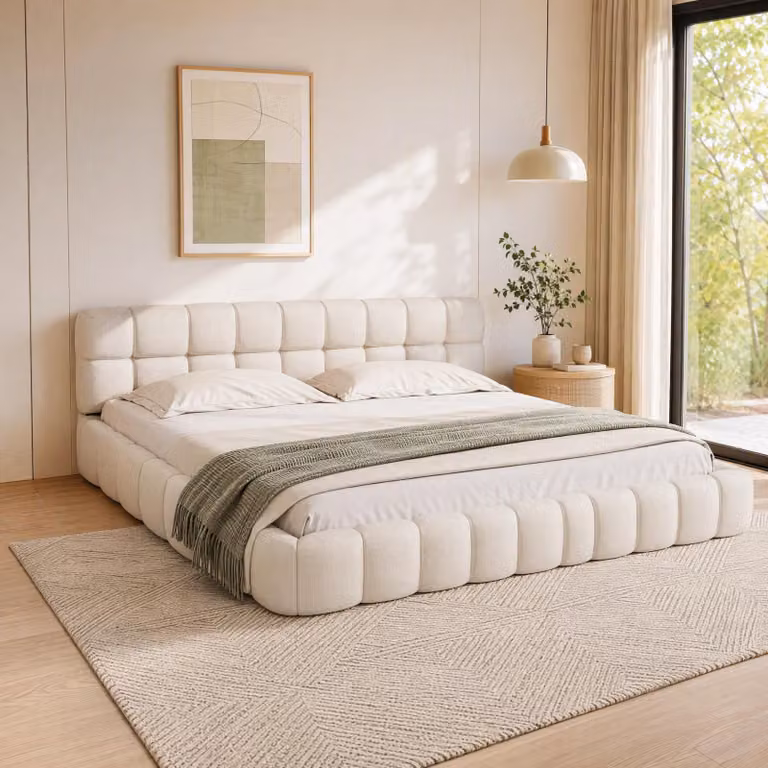INONEFT Bubble Bett 160x200, letto imbottito con rete a doghe, letto matrimoniale per ragazzi, struttura letto con testiera imbottita, tessuto di lino, color beige
