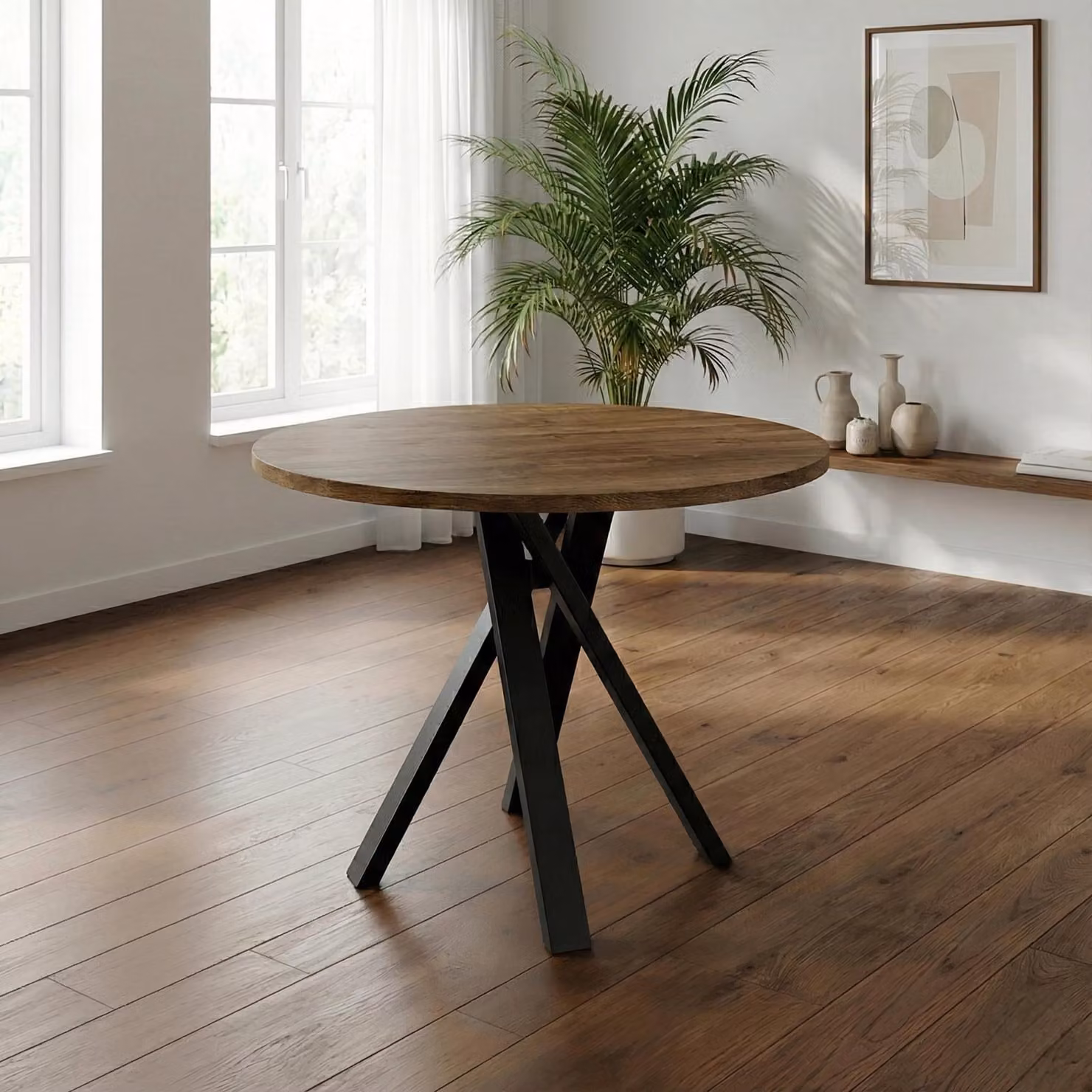 Tavolo da pranzo rotondo, 90 cm, piano laminato, 1,8 cm, struttura in metallo nero a forma di X, tavolo da cucina, altezza 76 cm