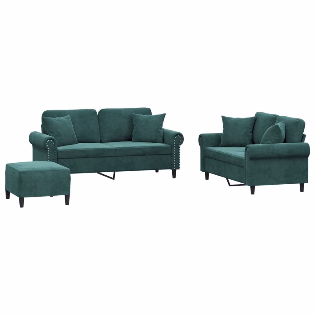 Set di Divani 3 pz con Cuscini Verde Scuro in Velluto