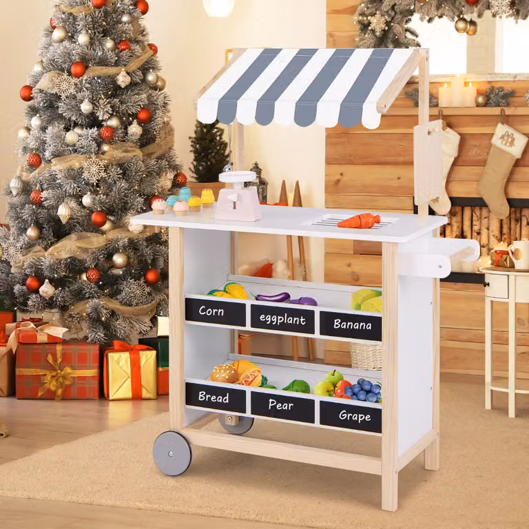 Carretto dei gelati Costway con ripiani in legno e 6 gelati giocattolo per bambini dai 3 anni in su, Bianco e Grigio