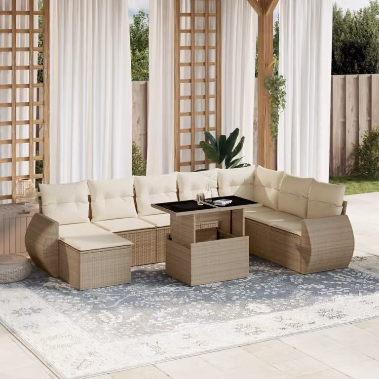 vidaXL Set Divano da Giardino a L 9 pz con Cuscini Beige e Tavolino in Vetro
