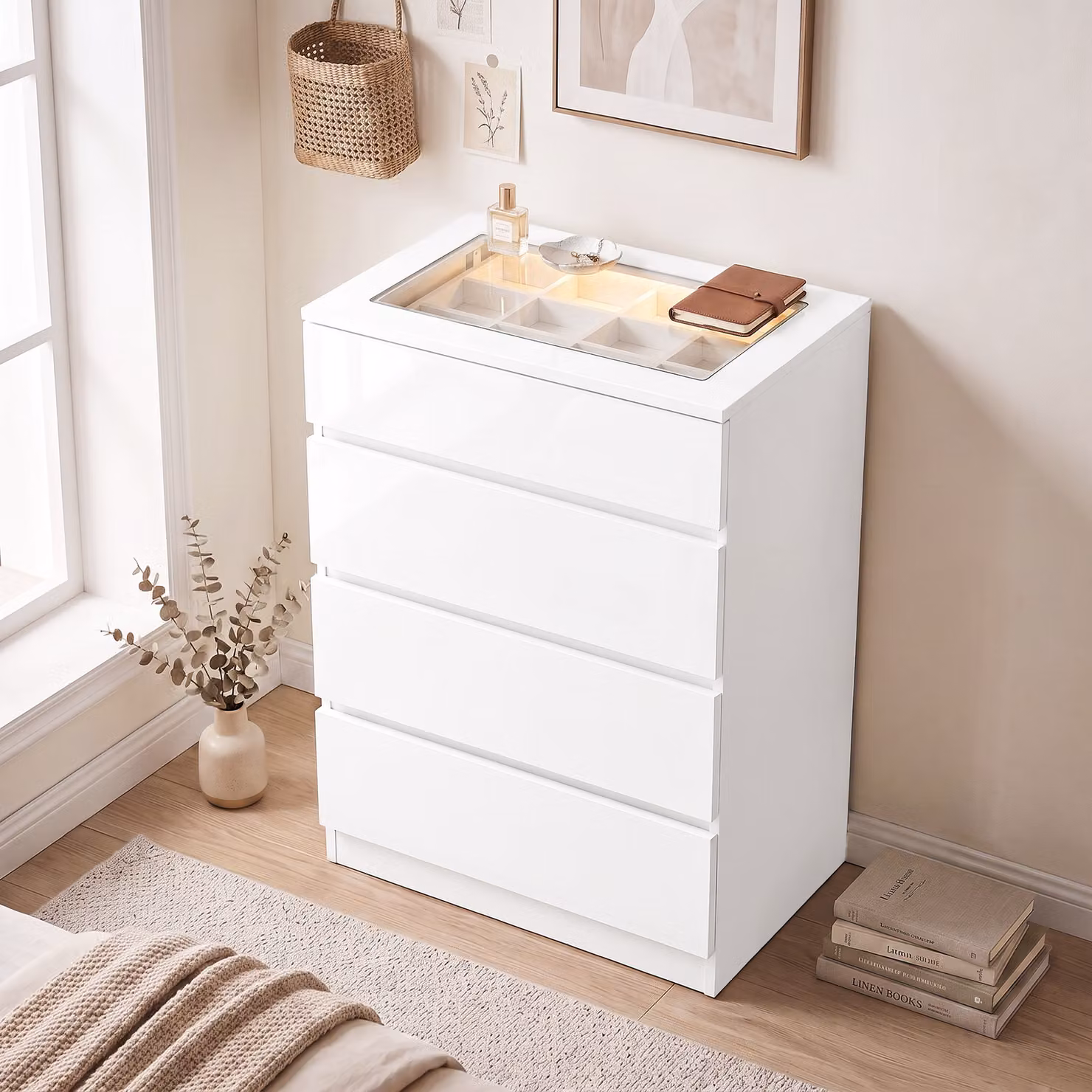 Cassettiera Moderna HOMCOM con 4 Cassetti e Luci LED, Bianca, L: 60 cm, P: 40 cm, H: 90 cm – 2