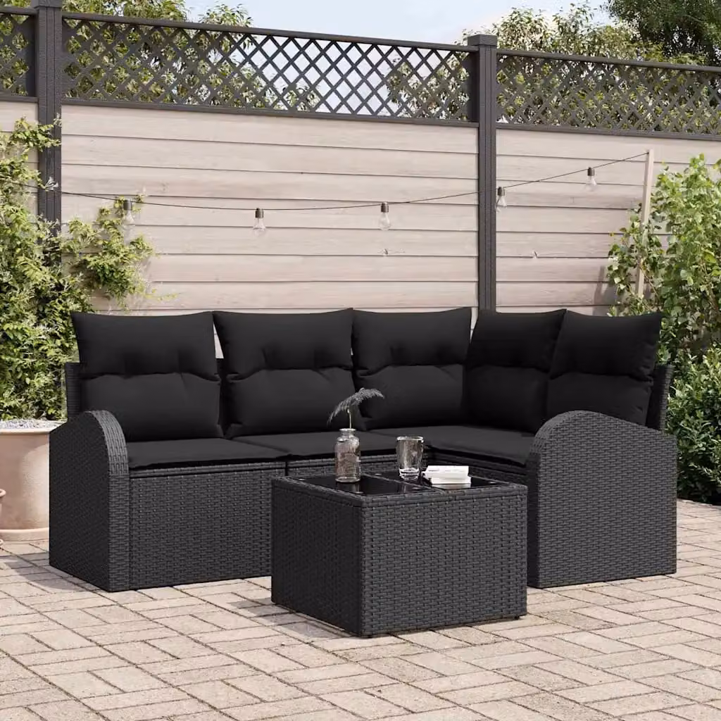 Set Divano da Giardino a L vidaXL Nero con Cuscini e Tavolino in Polyrattan e Acciaio – 1