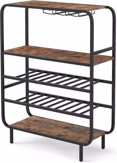 Portabottiglie e portabicchieri ergonomico stile rustico HELLOSHOP26 in metallo e truciolato, nero e marrone, L: 90 cm, P: 35 cm, H: 117 cm