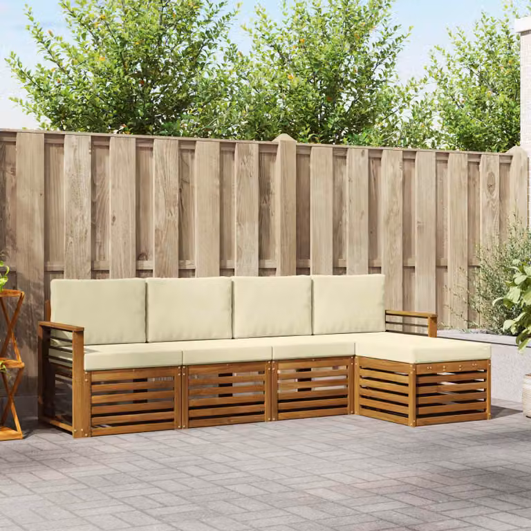 Set di divani da esterno vidaXL a forma di L composto da 5 pezzi in legno di acacia con cuscini beige e bianchi