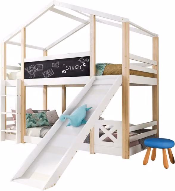 Letto a Castello per Bambini con Scivolo e Lavagna 90x200 cm in Legno Massello