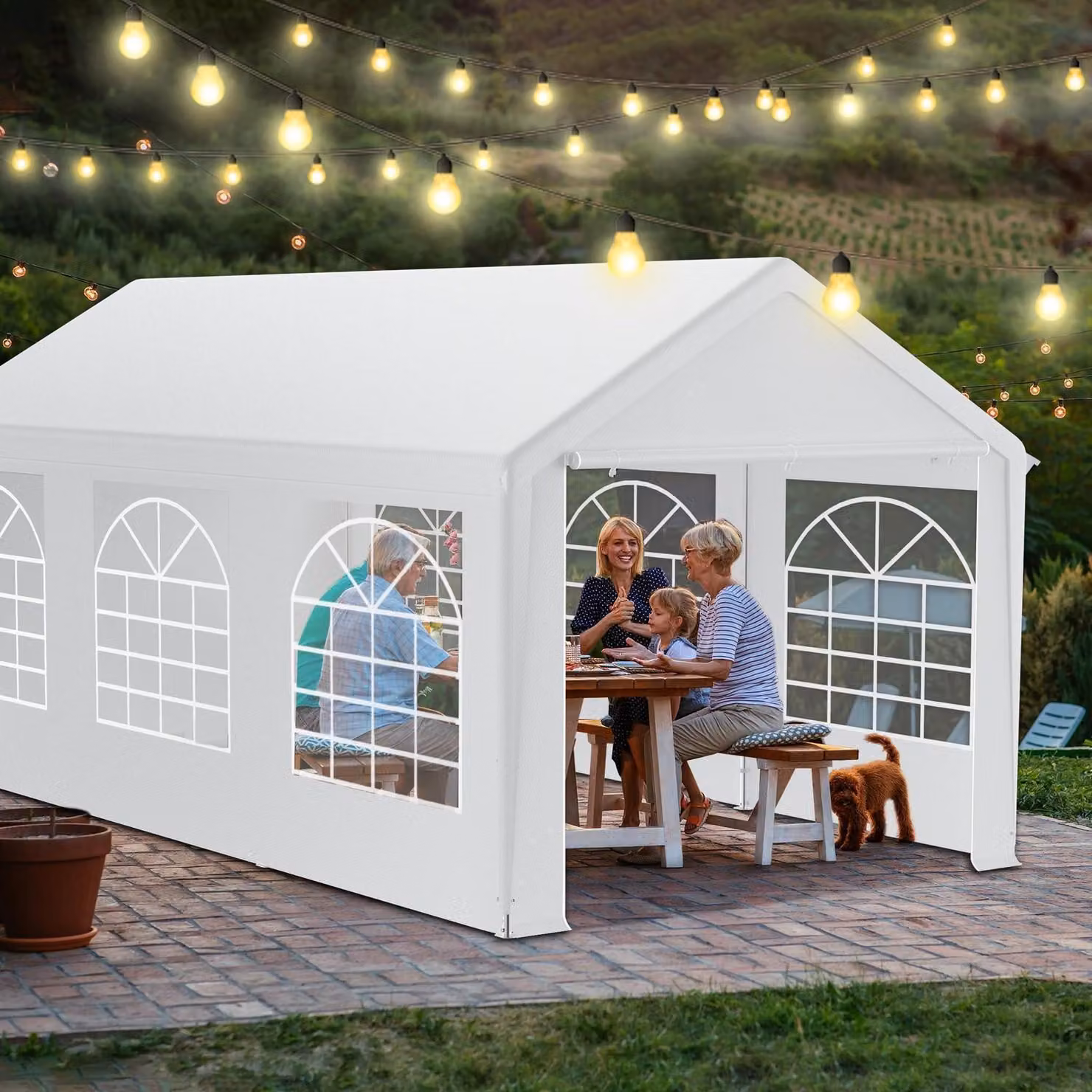 Tenda da festa 3x6 metri, bianca, impermeabile, resistente ai raggi UV, struttura in acciaio, 6 pareti laterali con finestre