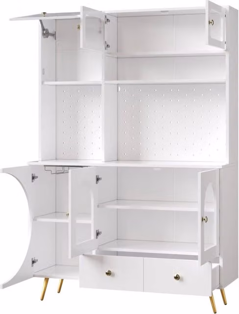 Armadio alto moderno da cucina e soggiorno con LED, prese USB e mensole in vetro, struttura in MDF bianco 120x40x176 cm
