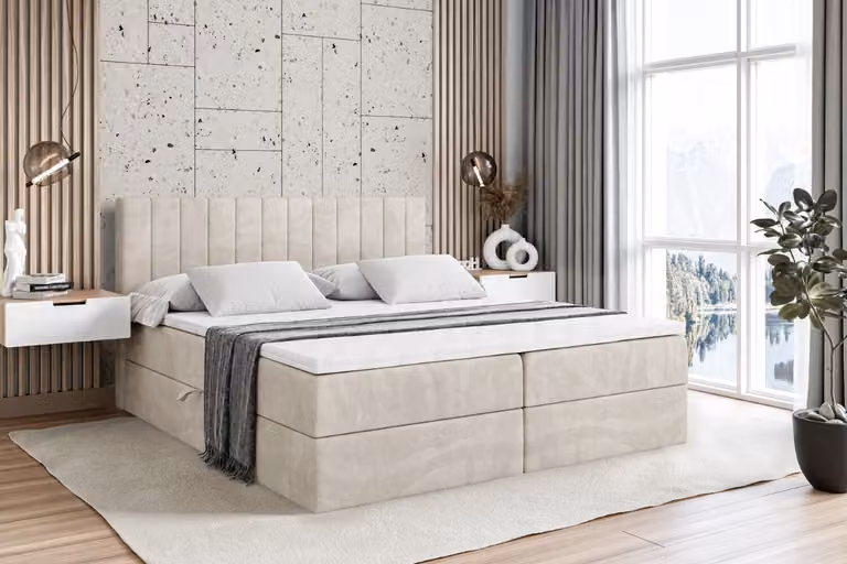 Letto boxspring ALTDECOR EDITA, letto imbottito con testiera e contenitore - Materasso di media rigidità (H3) - 180x200 - Velluto beige