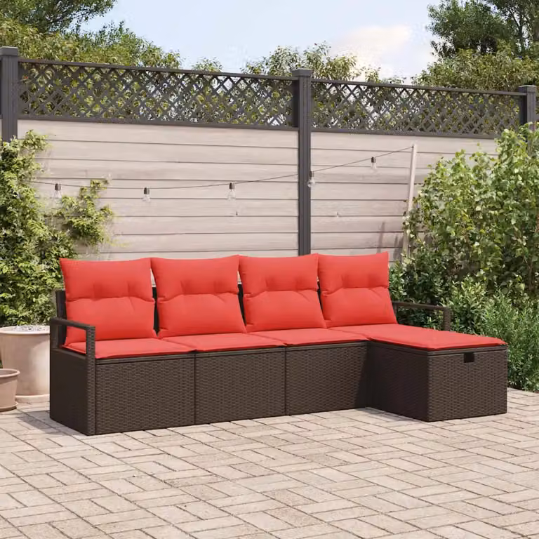 Set Divano da Giardino vidaXL 5 Pezzi a Forma di L in Polyrattan Marrone con Cuscini e Tavolino da Esterno