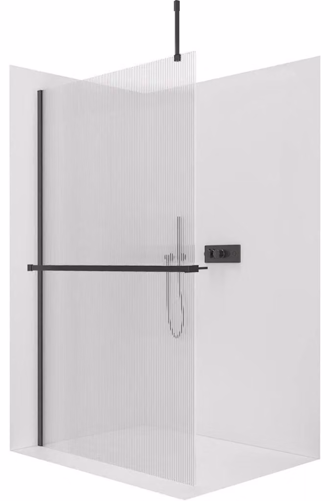 CERANO - Box doccia Walk-in Onyx Top Cube L/P - 8 mm - montante angolare + mensola/portasciugamani - nero opaco, vetro rigato - 80x200 cm