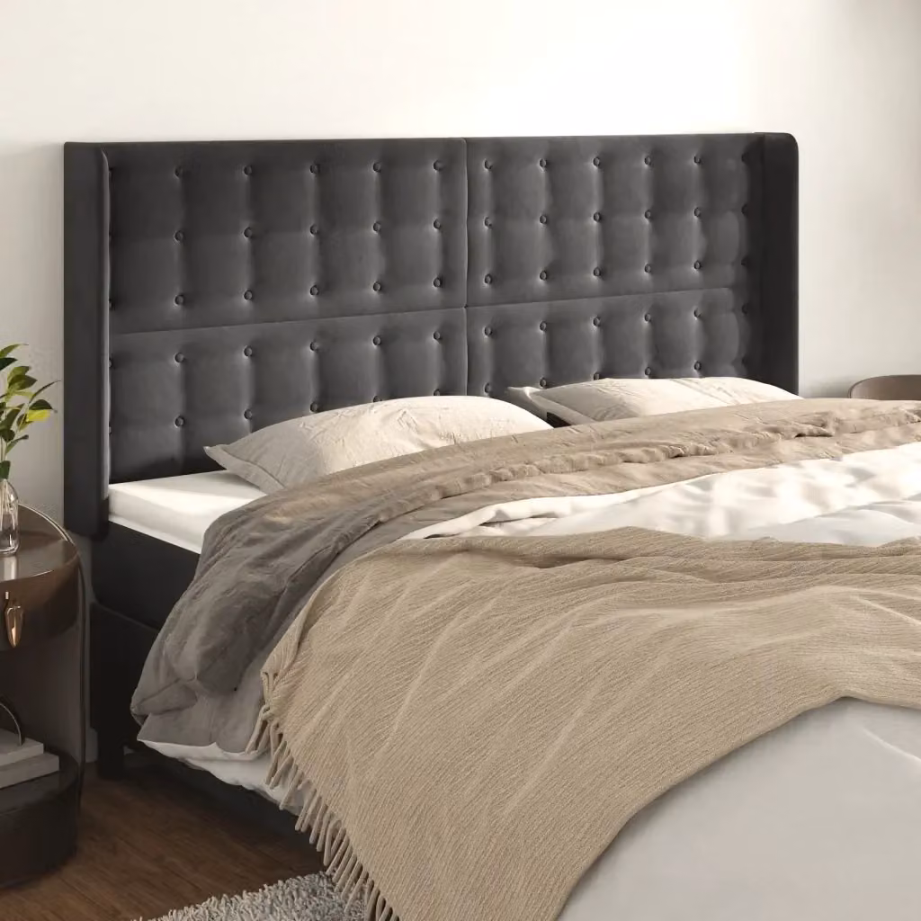 Testiera ad orecchio in velluto grigio scuro con struttura in legno di larice L: 203 cm, P: 16 cm, H: 118/128 cm – 2