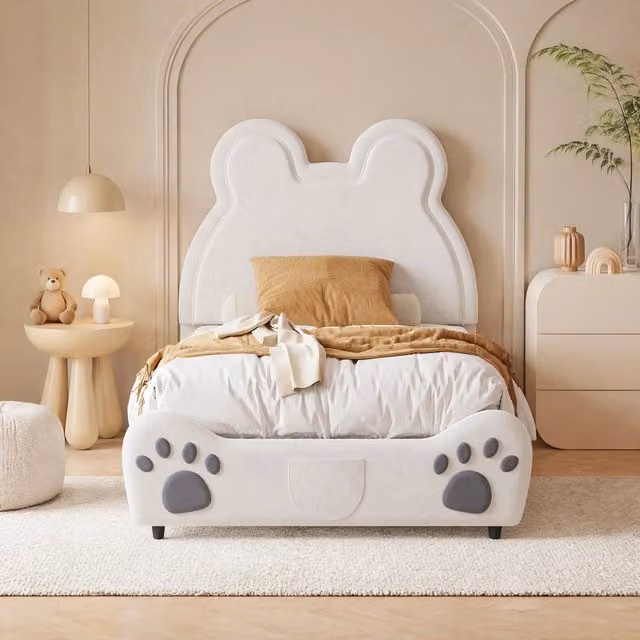Letto imbottito per bambini a forma di orso in velluto bianco L/P/H: 90 x 200 x 103 cm