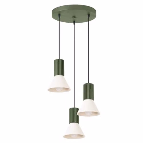 SOLLUX lighting Lampada a Sospensione - Lampada a Pendolo - Lampada da Soffitto Acciaio Alluminio - 3 Paralumi - Lampada LED Lampadina - Beige Verde Oliva Estria