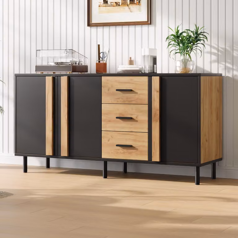 Mobile contenitore 140x35x70, in MDF, con 3 ante, 3 cassetti, 6 gambe in metallo, design moderno, ideale per il soggiorno