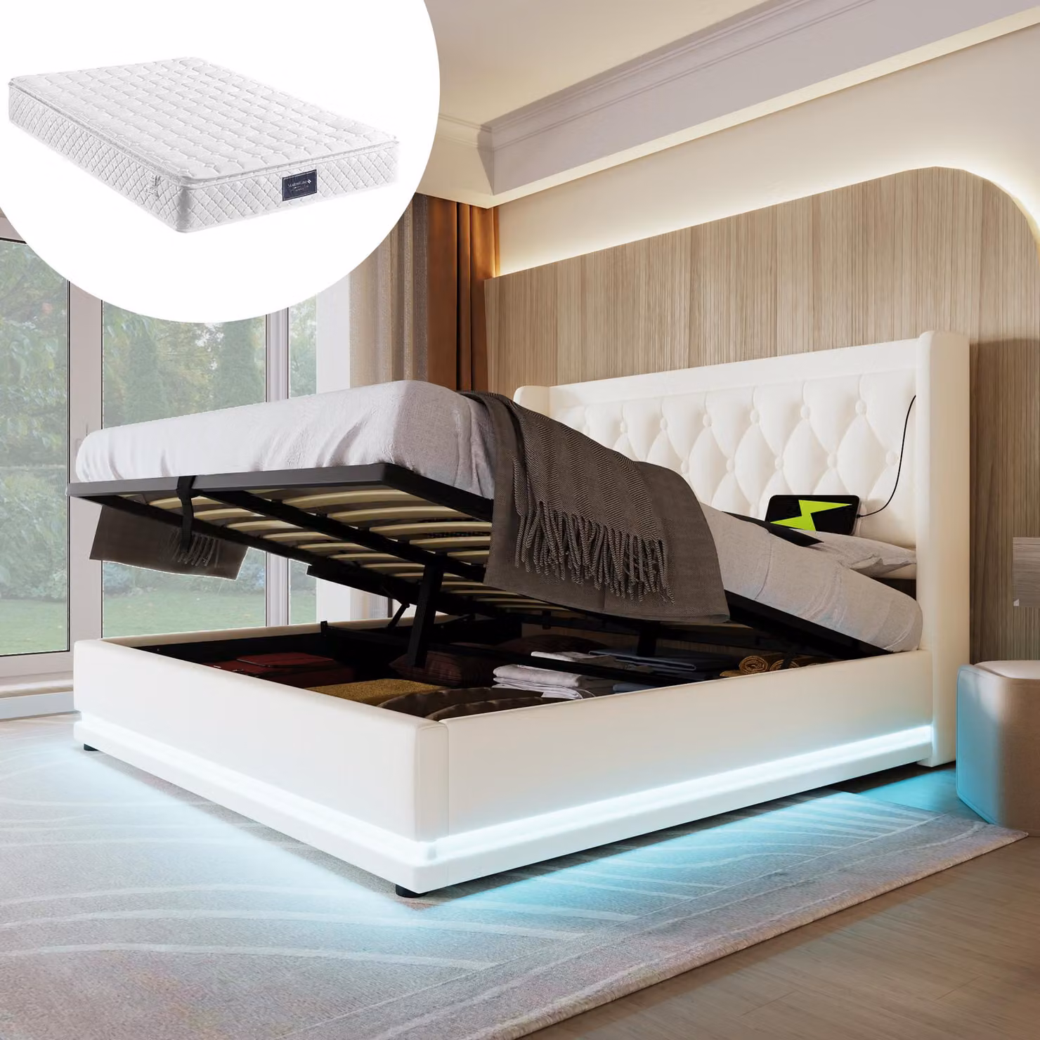 Letto matrimoniale imbottito, dimensioni 140x200 cm, bianco, realizzato in materiale PU. Letto con sistema di sollevamento idraulico per lo stoccaggio, testiera imbottita con funzione di ricarica USB di tipo C