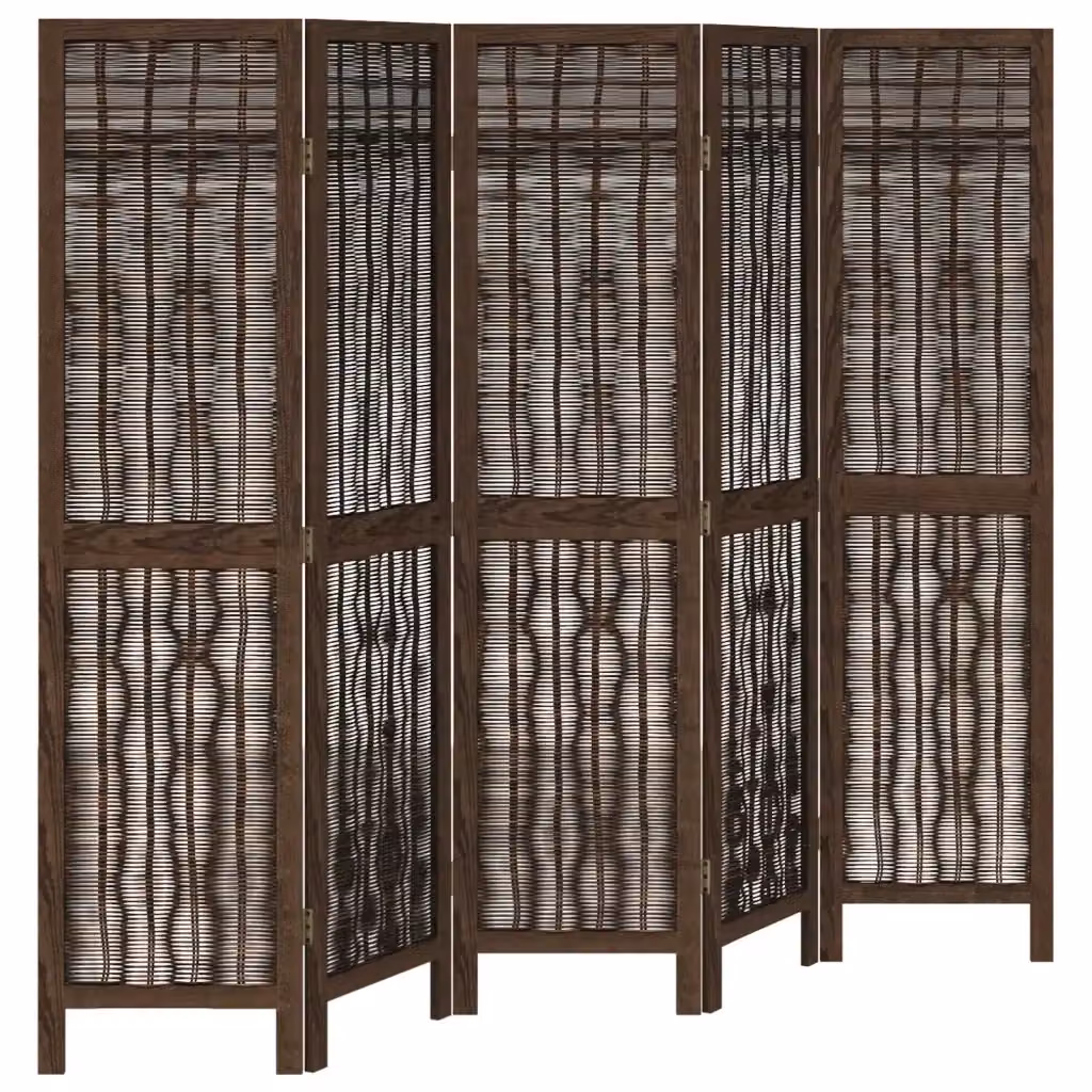 Divisorio Ambienti a 5 Pannelli vidaXL in Legno di Paulownia e Rattan, Marrone – 2