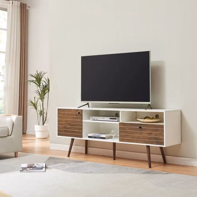 Mobile TV Vare en.casa con cassetto, anta e vani aperti, Bianco/Effetto Noce, L: 165 cm, P: 40 cm, H: 65,5 cm