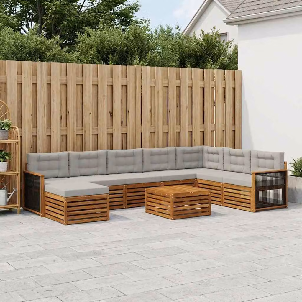 vidaXL Set di divani da esterno a forma di U in legno di acacia con 9 pezzi, colore marrone e grigio chiaro