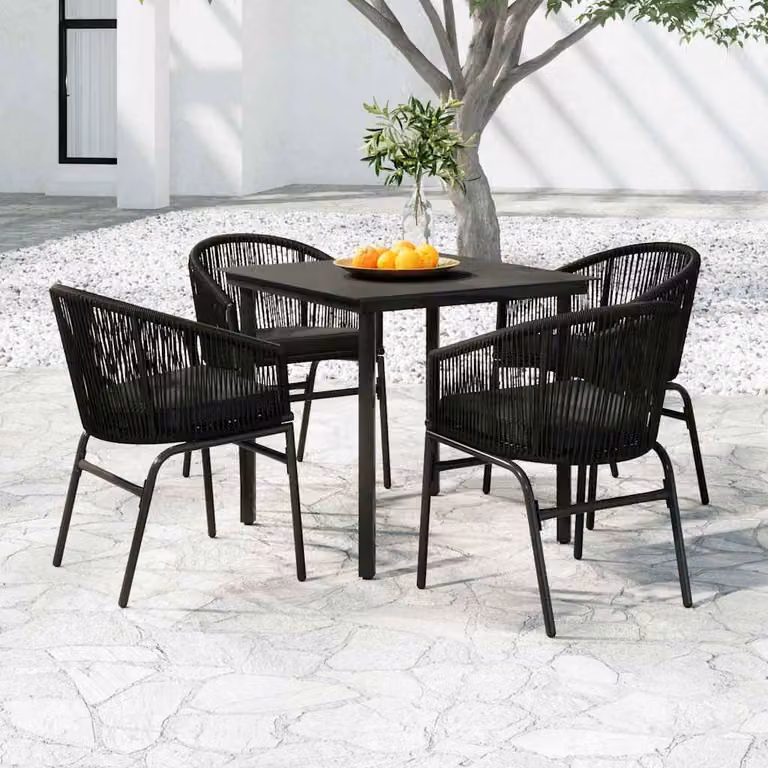 Set da pranzo per giardino vidaXL in acciaio nero opaco con tavolo in vetro e 5 sedie