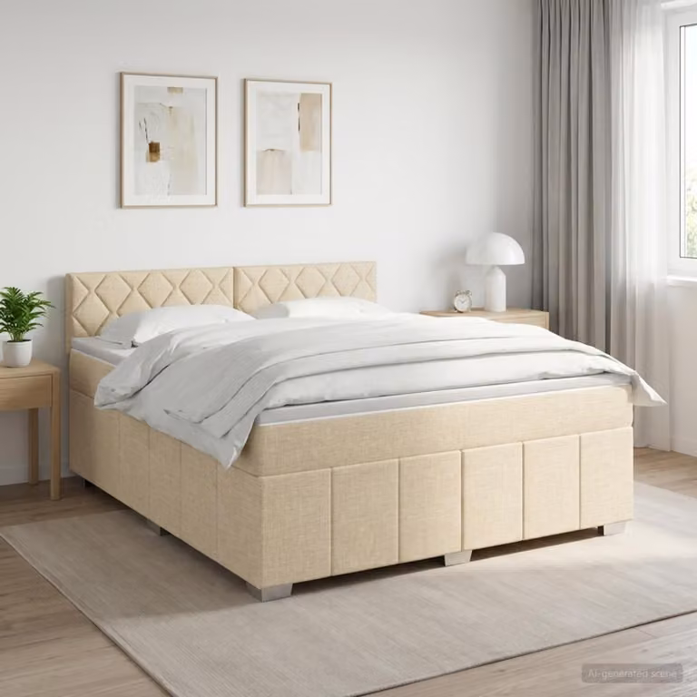 Letto box spring con materasso ibrido vidaXL in tessuto beige e bianco, L/P: 140 x 190 cm
