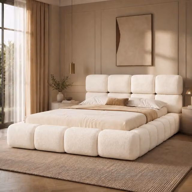 Letto matrimoniale 160 × 200 cm con rete inclusa, testiera imbottita, senza materasso, bouclé bianco