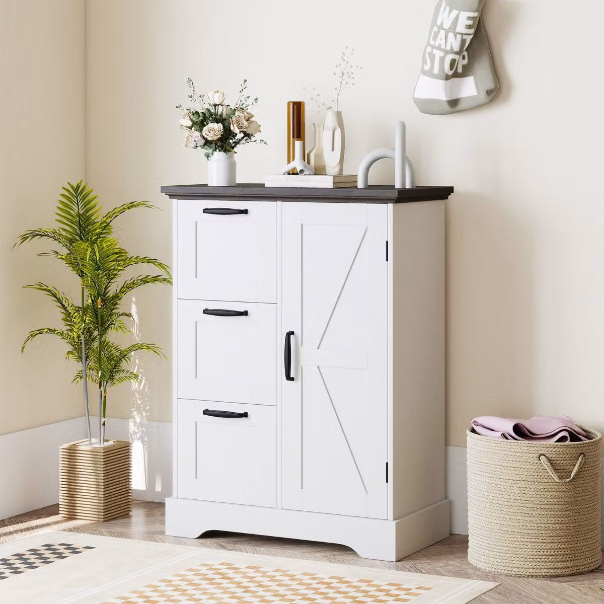 Mobile credenza Costway in stile rustico con porta da fienile, mobile indipendente bianco per cucina o bagno