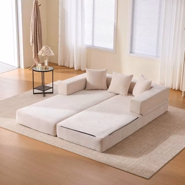 Divano modulare con funzione letto, tasche laterali e fondo antiscivolo in ciniglia beige 198×79×60 cm