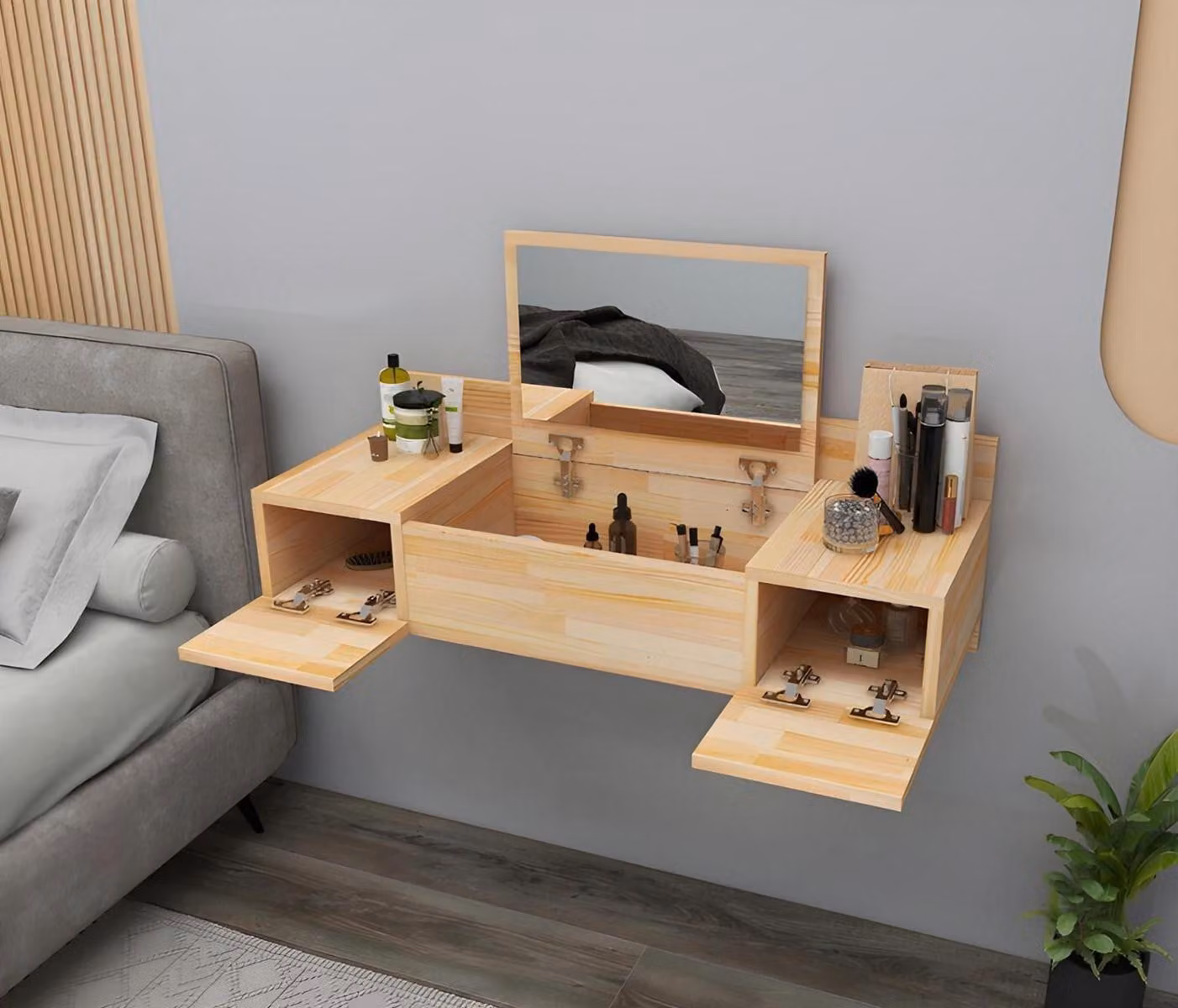 Modern Beige Schminktisch mit Spiegel Luxus Konsole Kommode Schlafzimmer